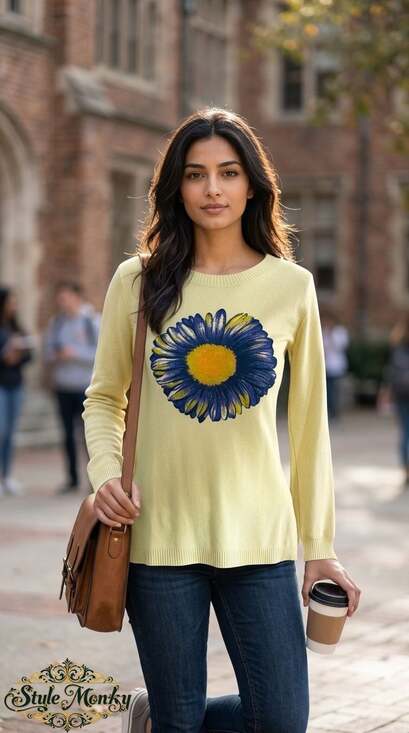 Style Monky Sweaters - Yellow Long Sleeve Crewneck Sweater with Blue Sunflower Graphic XS
